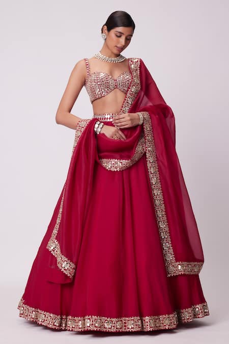 Buy_Vvani By Vani Vats_Red Georgette, Organza Mirrors Sweetheart Neck Work Flared Lehenga Set _Online_at_Aza_Fashions