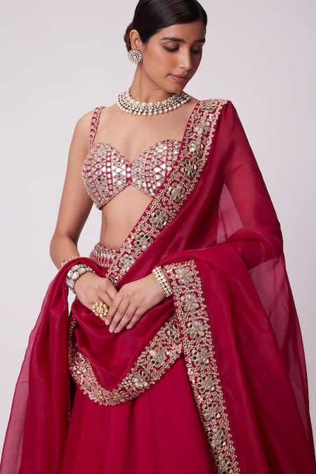 Shop_Vvani By Vani Vats_Red Georgette, Organza Mirrors Sweetheart Neck Work Flared Lehenga Set _Online_at_Aza_Fashions