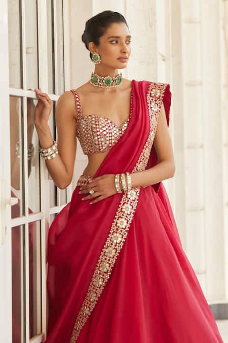 Buy_Vvani By Vani Vats_Red Georgette, Organza Mirrors Sweetheart Neck Work Flared Lehenga Set 
