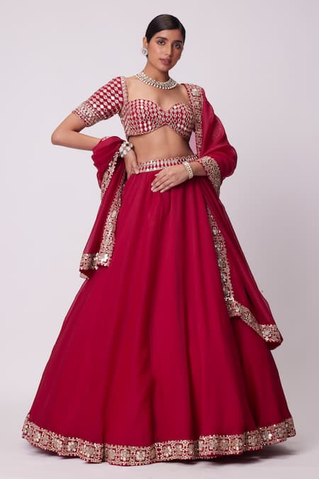 Shop Vvani By Vani Vats Red Organza, Georgette Mirrors Sweetheart Flared Embroidered Border Lehenga Set at Aza Fashions Shop_Vvani By Vani Vats_Red Organza, Georgette Mirrors Sweetheart Flared Embroidered Border Lehenga Set _at_Aza_Fashions
