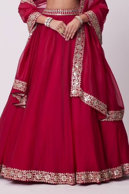 Vvani By Vani Vats Red Organza, Georgette Mirrors Sweetheart Flared Embroidered Border Lehenga Set Online at Aza Fashions Vvani By Vani Vats_Red Organza, Georgette Mirrors Sweetheart Flared Embroidered Border Lehenga Set _Online_at_Aza_Fashions