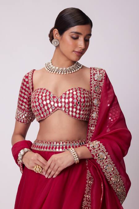 Buy Vvani By Vani Vats Red Organza, Georgette Mirrors Sweetheart Flared Embroidered Border Lehenga Set Online at Aza Fashions Buy_Vvani By Vani Vats_Red Organza, Georgette Mirrors Sweetheart Flared Embroidered Border Lehenga Set _Online_at_Aza_Fashions