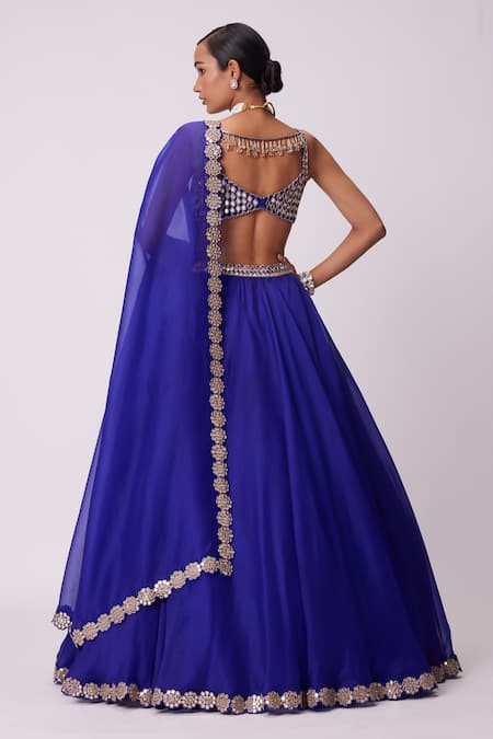 Shop Vvani By Vani Vats Blue Georgette, Organza Mirrors Sweetheart Neck Embroidered Flared Lehenga Set at Aza Fashions Shop_Vvani By Vani Vats_Blue Georgette, Organza Mirrors Sweetheart Neck Embroidered Flared Lehenga Set _at_Aza_Fashions