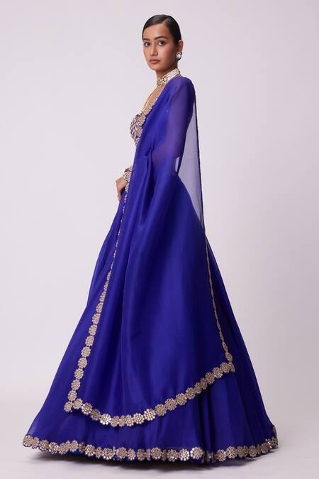 Vvani By Vani Vats Blue Georgette, Organza Mirrors Sweetheart Neck Embroidered Flared Lehenga Set Online at Aza Fashions Vvani By Vani Vats_Blue Georgette, Organza Mirrors Sweetheart Neck Embroidered Flared Lehenga Set _Online_at_Aza_Fashions