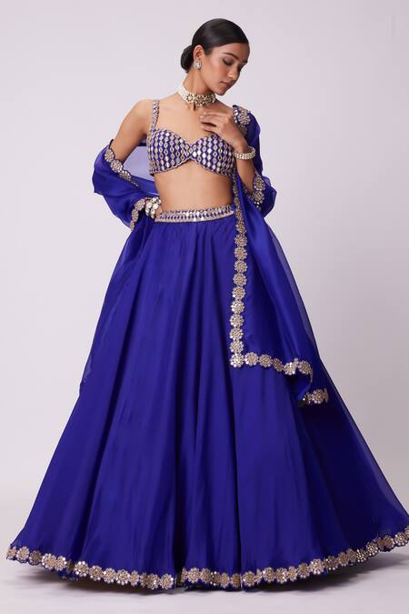 Shop Vvani By Vani Vats Blue Georgette, Organza Mirrors Sweetheart Neck Embroidered Flared Lehenga Set Online at Aza Fashions Shop_Vvani By Vani Vats_Blue Georgette, Organza Mirrors Sweetheart Neck Embroidered Flared Lehenga Set _Online_at_Aza_Fashions