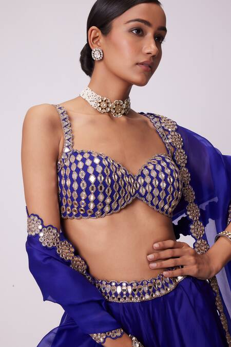 Vvani By Vani Vats Blue Georgette, Organza Mirrors Sweetheart Neck Embroidered Flared Lehenga Set at Aza Fashions Vvani By Vani Vats_Blue Georgette, Organza Mirrors Sweetheart Neck Embroidered Flared Lehenga Set _at_Aza_Fashions