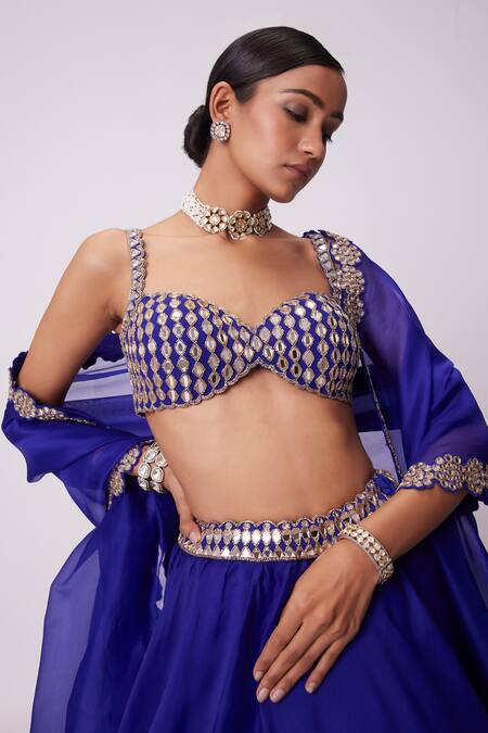 Buy Vvani By Vani Vats Blue Georgette, Organza Mirrors Sweetheart Neck Embroidered Flared Lehenga Set Buy_Vvani By Vani Vats_Blue Georgette, Organza Mirrors Sweetheart Neck Embroidered Flared Lehenga Set