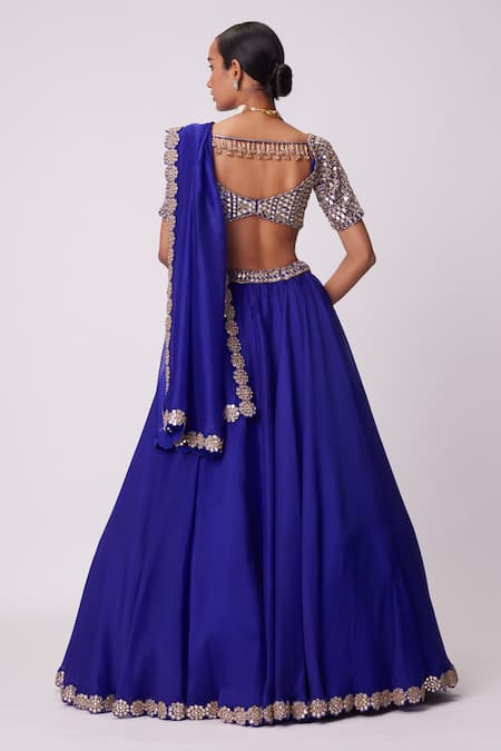Shop Vvani By Vani Vats Blue Organza, Georgette Mirrors Sweetheart Neck Embroidered Border Lehenga Set at Aza Fashions Shop_Vvani By Vani Vats_Blue Organza, Georgette Mirrors Sweetheart Neck Embroidered Border Lehenga Set _at_Aza_Fashions