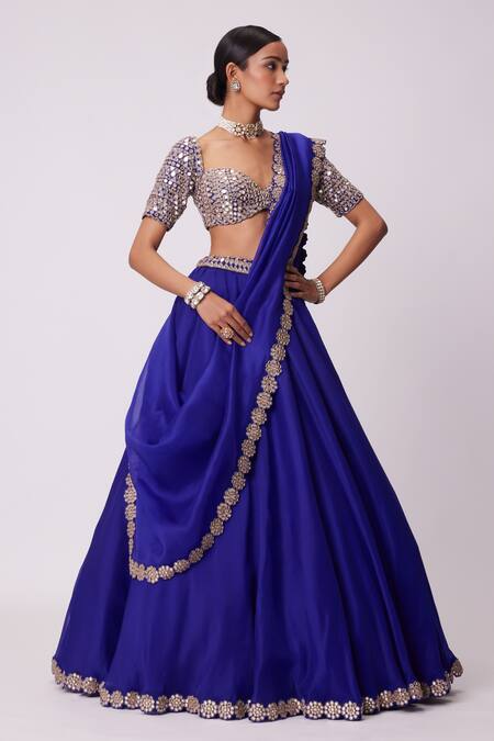 Vvani By Vani Vats Blue Organza, Georgette Mirrors Sweetheart Neck Embroidered Border Lehenga Set Online at Aza Fashions Vvani By Vani Vats_Blue Organza, Georgette Mirrors Sweetheart Neck Embroidered Border Lehenga Set _Online_at_Aza_Fashions