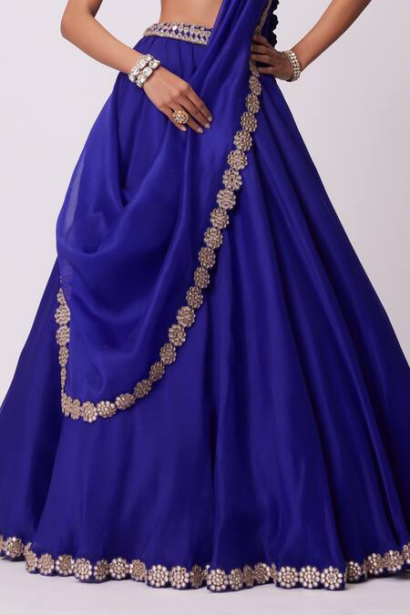 Buy Vvani By Vani Vats Blue Organza, Georgette Mirrors Sweetheart Neck Embroidered Border Lehenga Set Online at Aza Fashions Buy_Vvani By Vani Vats_Blue Organza, Georgette Mirrors Sweetheart Neck Embroidered Border Lehenga Set _Online_at_Aza_Fashions