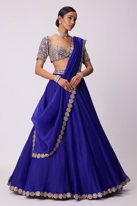 Shop Vvani By Vani Vats Blue Organza, Georgette Mirrors Sweetheart Neck Embroidered Border Lehenga Set Online at Aza Fashions Shop_Vvani By Vani Vats_Blue Organza, Georgette Mirrors Sweetheart Neck Embroidered Border Lehenga Set _Online_at_Aza_Fashions