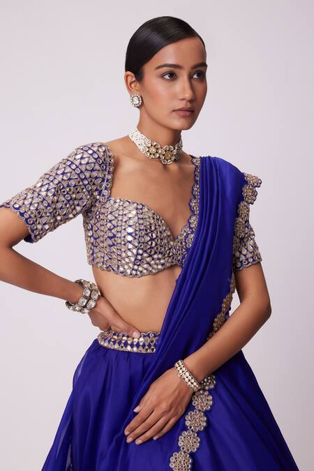 Vvani By Vani Vats Blue Organza, Georgette Mirrors Sweetheart Neck Embroidered Border Lehenga Set at Aza Fashions Vvani By Vani Vats_Blue Organza, Georgette Mirrors Sweetheart Neck Embroidered Border Lehenga Set _at_Aza_Fashions