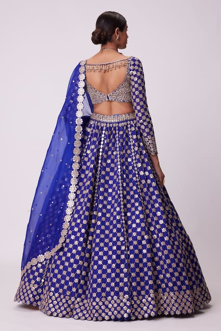 Shop_Vvani By Vani Vats_Blue Organza, Georgette Mirrors Sweetheart Neck Floral Embroidered Lehenga Set _at_Aza_Fashions
