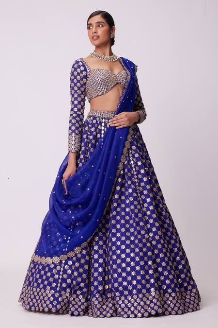 Vvani By Vani Vats_Blue Organza, Georgette Mirrors Sweetheart Neck Floral Embroidered Lehenga Set _Online_at_Aza_Fashions