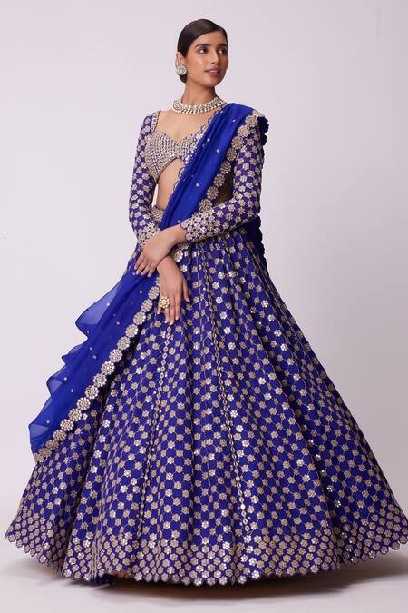 Shop_Vvani By Vani Vats_Blue Organza, Georgette Mirrors Sweetheart Neck Floral Embroidered Lehenga Set _Online_at_Aza_Fashions