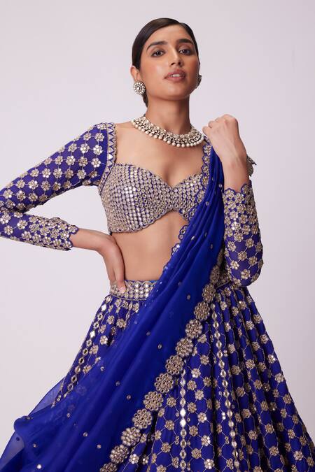 Vvani By Vani Vats_Blue Organza, Georgette Mirrors Sweetheart Neck Floral Embroidered Lehenga Set _at_Aza_Fashions