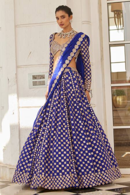 Shop_Vvani By Vani Vats_Blue Organza, Georgette Mirrors Sweetheart Neck Floral Embroidered Lehenga Set 