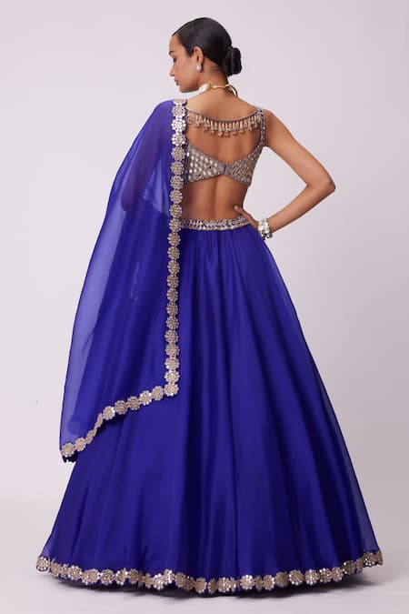 Shop_Vvani By Vani Vats_Blue Georgette, Organza Mirrors, Embroidery Sweetheart Neck Flared Lehenga Set _at_Aza_Fashions