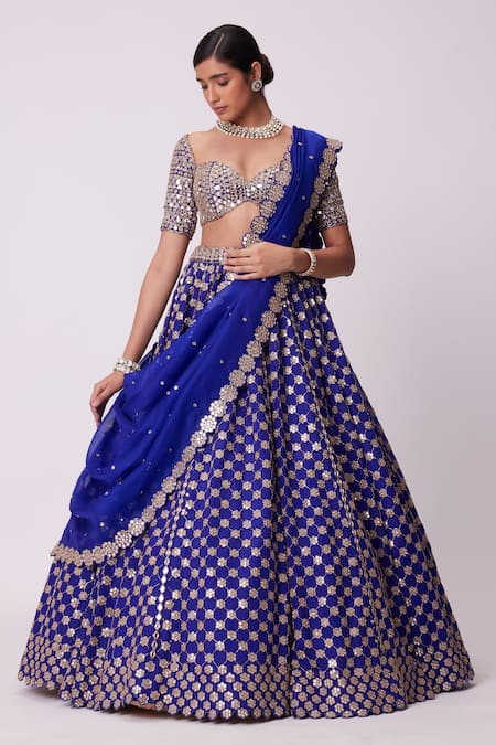 Vvani by Vani Vats Blue Lehenga And Dupatta Organza Embroidered Mirror Sweetheart Floral Work Set 