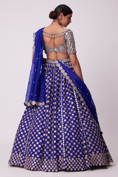 Shop Vvani By Vani Vats Blue Organza, Georgette Mirrors Sweetheart Neck Floral Work Lehenga Set at Aza Fashions Shop_Vvani By Vani Vats_Blue Organza, Georgette Mirrors Sweetheart Neck Floral Work Lehenga Set _at_Aza_Fashions