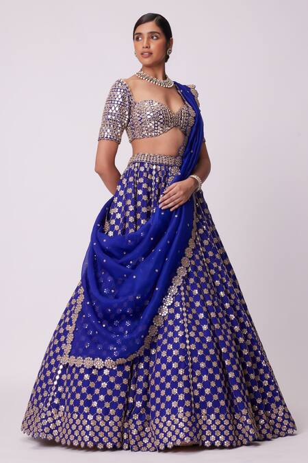 Shop Vvani By Vani Vats Blue Organza, Georgette Mirrors Sweetheart Neck Floral Work Lehenga Set Online at Aza Fashions Shop_Vvani By Vani Vats_Blue Organza, Georgette Mirrors Sweetheart Neck Floral Work Lehenga Set _Online_at_Aza_Fashions