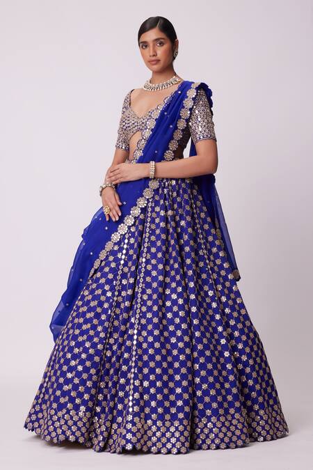 Vvani By Vani Vats Blue Organza, Georgette Mirrors Sweetheart Neck Floral Work Lehenga Set at Aza Fashions Vvani By Vani Vats_Blue Organza, Georgette Mirrors Sweetheart Neck Floral Work Lehenga Set _at_Aza_Fashions