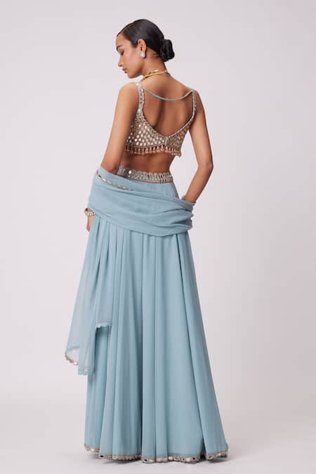 Shop Vvani By Vani Vats Blue Georgette Mirrors Sweetheart Neck Embroidered Blouse Flared Pant Set at Aza Fashions Shop_Vvani By Vani Vats_Blue Georgette Mirrors Sweetheart Neck Embroidered Blouse Flared Pant Set _at_Aza_Fashions