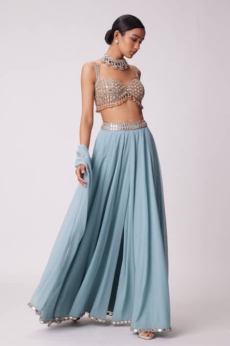 Buy Vvani By Vani Vats Blue Georgette Mirrors Sweetheart Neck Embroidered Blouse Flared Pant Set Online at Aza Fashions Buy_Vvani By Vani Vats_Blue Georgette Mirrors Sweetheart Neck Embroidered Blouse Flared Pant Set _Online_at_Aza_Fashions