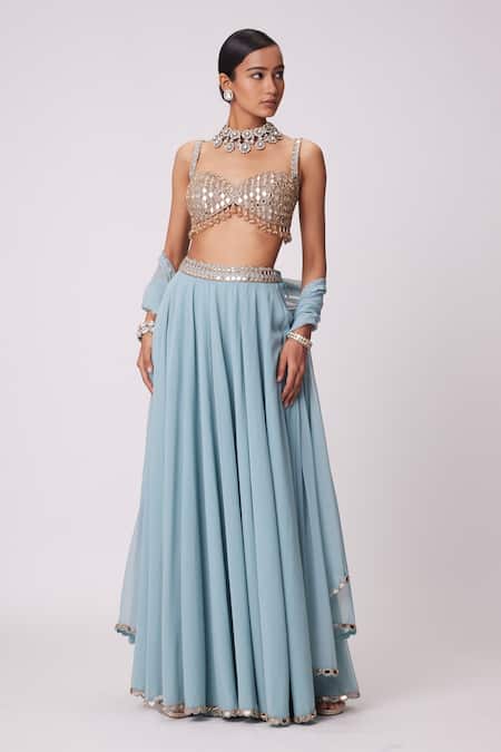 Vvani By Vani Vats Blue Georgette Mirrors Sweetheart Neck Embroidered Blouse Flared Pant Set at Aza Fashions Vvani By Vani Vats_Blue Georgette Mirrors Sweetheart Neck Embroidered Blouse Flared Pant Set _at_Aza_Fashions