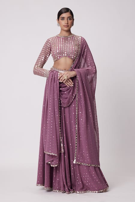 Vvani by Vani Vats Purple Georgette Embroidered Mirror Sweetheart Work Blouse Flared Pant Set 