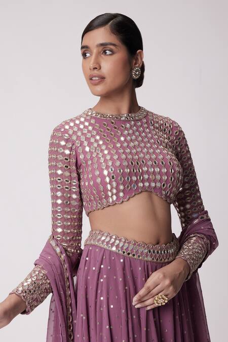 Buy Vvani By Vani Vats Purple Georgette Mirrors Sweetheart Neck Work Blouse Flared Pant Set Online at Aza Fashions Buy_Vvani By Vani Vats_Purple Georgette Mirrors Sweetheart Neck Work Blouse Flared Pant Set _Online_at_Aza_Fashions