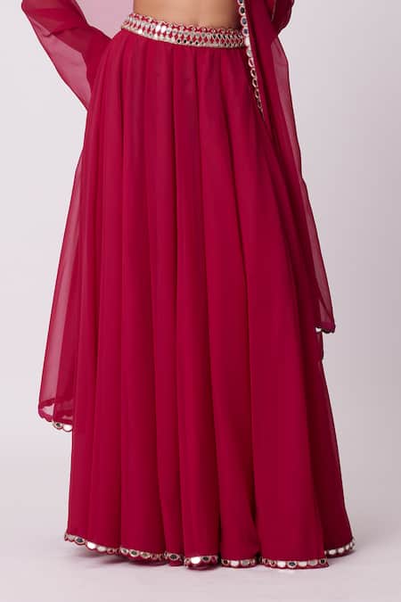 Vvani By Vani Vats_Red Georgette Mirrors Sweetheart Neck Work Short Sleeve Blouse Flared Pant Set _Online_at_Aza_Fashions