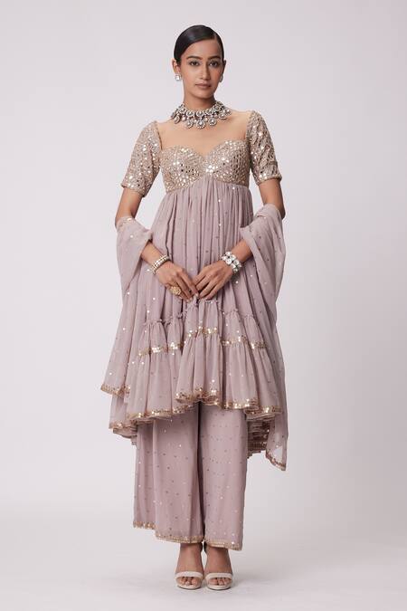 Vvani By Vani Vats Pink Georgette Mirrors Sweetheart Neck Embroidered Anarkali Pant Set Online at Aza Fashions Vvani By Vani Vats_Pink Georgette Mirrors Sweetheart Neck Embroidered Anarkali Pant Set _Online_at_Aza_Fashions