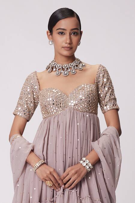 Buy Vvani By Vani Vats Pink Georgette Mirrors Sweetheart Neck Embroidered Anarkali Pant Set Online at Aza Fashions Buy_Vvani By Vani Vats_Pink Georgette Mirrors Sweetheart Neck Embroidered Anarkali Pant Set _Online_at_Aza_Fashions