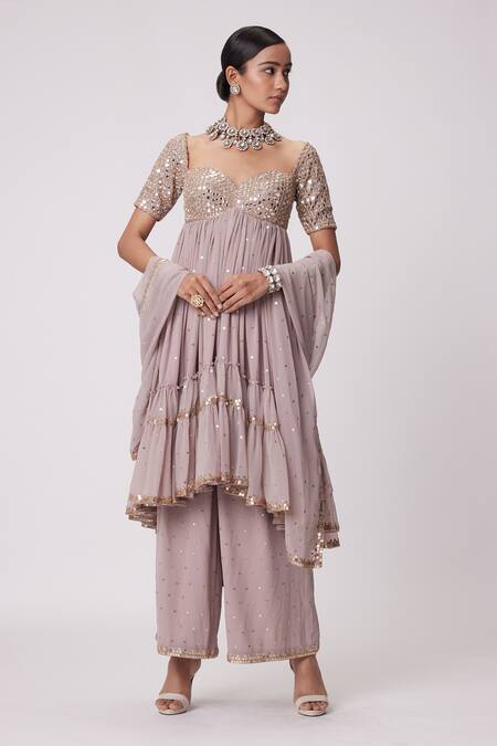 Vvani By Vani Vats Pink Georgette Mirrors Sweetheart Neck Embroidered Anarkali Pant Set at Aza Fashions Vvani By Vani Vats_Pink Georgette Mirrors Sweetheart Neck Embroidered Anarkali Pant Set _at_Aza_Fashions