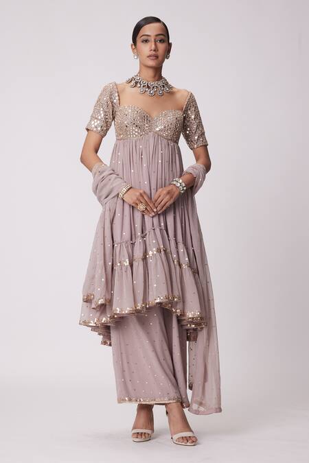 Buy Vvani By Vani Vats Pink Georgette Mirrors Sweetheart Neck Embroidered Anarkali Pant Set Buy_Vvani By Vani Vats_Pink Georgette Mirrors Sweetheart Neck Embroidered Anarkali Pant Set