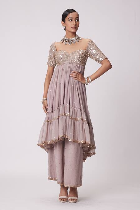 Shop Vvani By Vani Vats Pink Georgette Mirrors Sweetheart Neck Embroidered Anarkali Pant Set Shop_Vvani By Vani Vats_Pink Georgette Mirrors Sweetheart Neck Embroidered Anarkali Pant Set