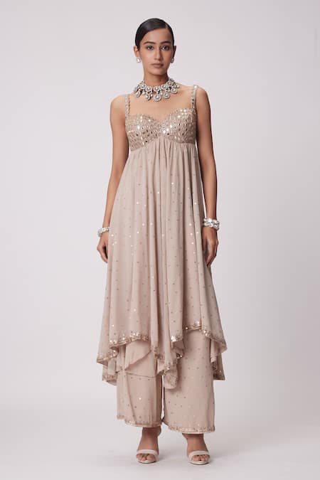 Vvani By Vani Vats Beige Georgette Mirrors Sweetheart Neck Embroidered High Low Anarkali Pant Set Online at Aza Fashions Vvani By Vani Vats_Beige Georgette Mirrors Sweetheart Neck Embroidered High Low Anarkali Pant Set _Online_at_Aza_Fashions