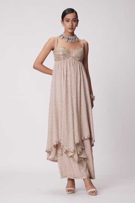 Buy Vvani By Vani Vats Beige Georgette Mirrors Sweetheart Neck Embroidered High Low Anarkali Pant Set Online at Aza Fashions Buy_Vvani By Vani Vats_Beige Georgette Mirrors Sweetheart Neck Embroidered High Low Anarkali Pant Set _Online_at_Aza_Fashions