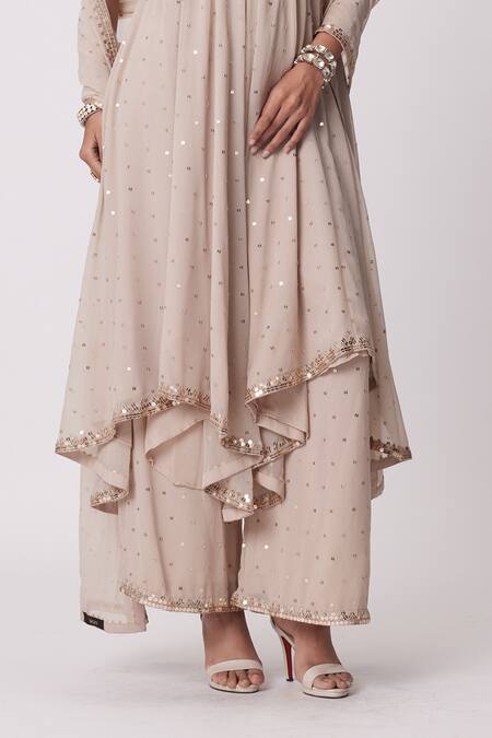 Shop Vvani By Vani Vats Beige Georgette Mirrors Sweetheart Neck Embroidered High Low Anarkali Pant Set Online at Aza Fashions Shop_Vvani By Vani Vats_Beige Georgette Mirrors Sweetheart Neck Embroidered High Low Anarkali Pant Set _Online_at_Aza_Fashions