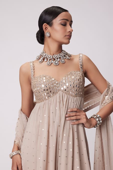 Vvani By Vani Vats Beige Georgette Mirrors Sweetheart Neck Embroidered High Low Anarkali Pant Set at Aza Fashions Vvani By Vani Vats_Beige Georgette Mirrors Sweetheart Neck Embroidered High Low Anarkali Pant Set _at_Aza_Fashions