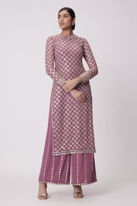 Vvani By Vani Vats Purple Georgette Mirrors, Embroidery Round Neck Straight Kurta Pant Set Online at Aza Fashions Vvani By Vani Vats_Purple Georgette Mirrors, Embroidery Round Neck Straight Kurta Pant Set _Online_at_Aza_Fashions