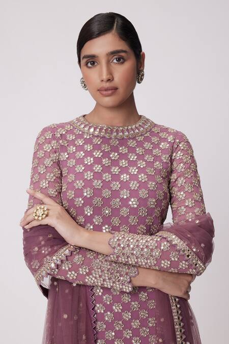 Shop Vvani By Vani Vats Purple Georgette Mirrors, Embroidery Round Neck Straight Kurta Pant Set Online at Aza Fashions Shop_Vvani By Vani Vats_Purple Georgette Mirrors, Embroidery Round Neck Straight Kurta Pant Set _Online_at_Aza_Fashions