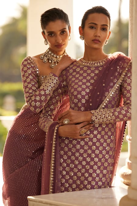 Vvani By Vani Vats Purple Georgette Mirrors, Embroidery Round Neck Straight Kurta Pant Set at Aza Fashions Vvani By Vani Vats_Purple Georgette Mirrors, Embroidery Round Neck Straight Kurta Pant Set _at_Aza_Fashions