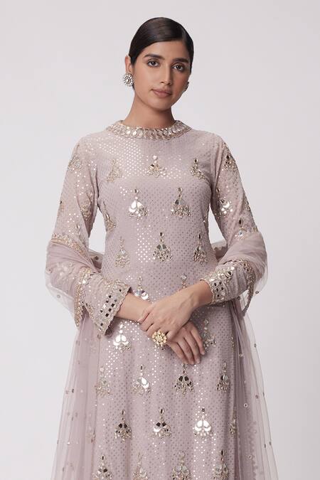 Vvani By Vani Vats Purple Georgette Embroidery, Mirrors Round Neck Kurta Pant Set Online at Aza Fashions Vvani By Vani Vats_Purple Georgette Embroidery, Mirrors Round Neck Kurta Pant Set _Online_at_Aza_Fashions