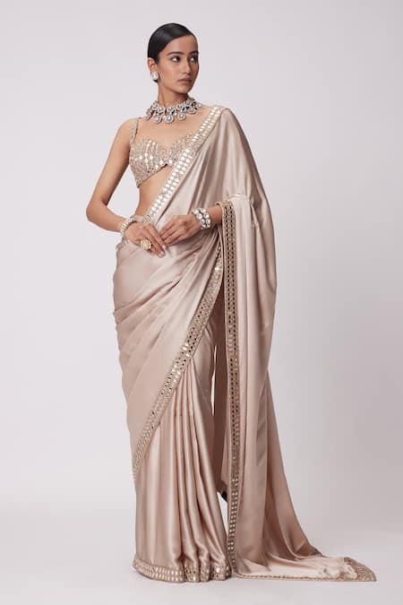 Vvani by Vani Vats Beige Saree Satin Embroidered Mirror Sweetheart Border With Blouse 