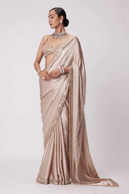 Vvani By Vani Vats Beige Satin, Georgette Mirrors Sweetheart Embroidered Border Saree With Blouse Online at Aza Fashions Vvani By Vani Vats_Beige Satin, Georgette Mirrors Sweetheart Embroidered Border Saree With Blouse _Online_at_Aza_Fashions