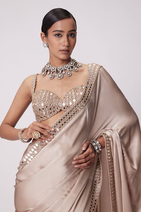 Buy Vvani By Vani Vats Beige Satin, Georgette Mirrors Sweetheart Embroidered Border Saree With Blouse Online at Aza Fashions Buy_Vvani By Vani Vats_Beige Satin, Georgette Mirrors Sweetheart Embroidered Border Saree With Blouse _Online_at_Aza_Fashions