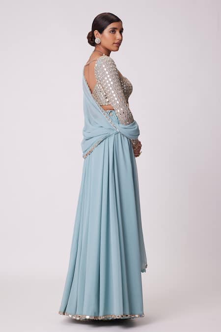 Shop_Vvani By Vani Vats_Blue Georgette Mirrors, Embroidery Sweetheart Neck Hand Blouse Lehenga Set _at_Aza_Fashions