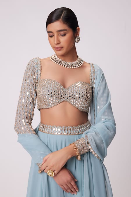 Vvani By Vani Vats_Blue Georgette Mirrors, Embroidery Sweetheart Neck Hand Blouse Lehenga Set _Online_at_Aza_Fashions